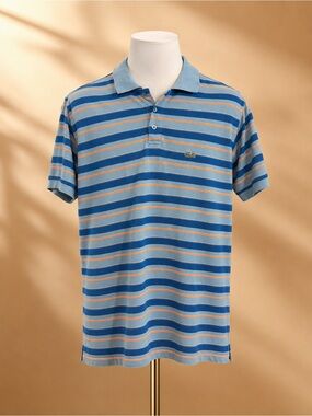 Vintage Lacoste Men’s Size 3XL Blue and Orange 100% Cotton Striped Polo Shirt